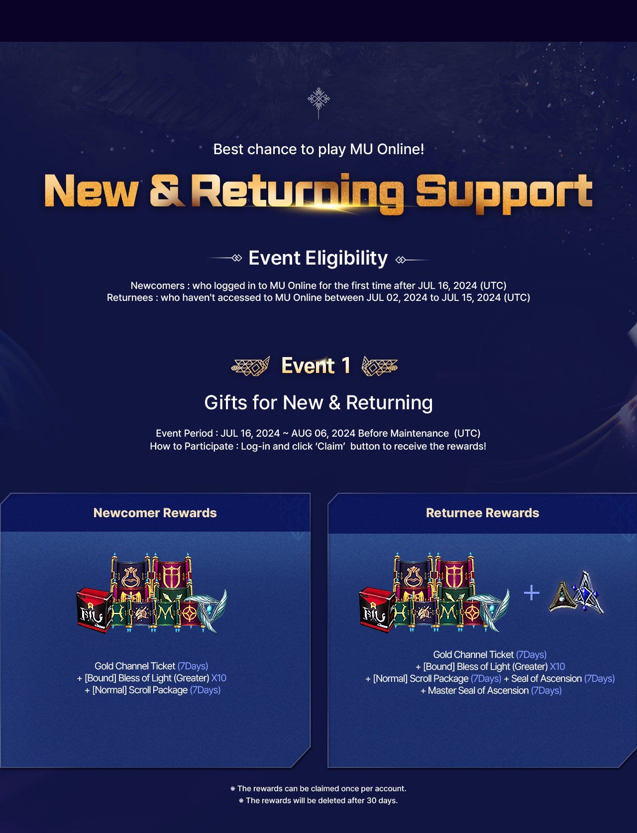 Best chance to play MU Online! New & Returning Support Event1 - Gifts for New & Returning